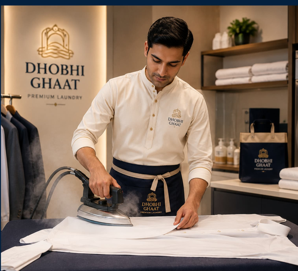 Dhobhi Ghaat specialist steam-ironing a shirt
