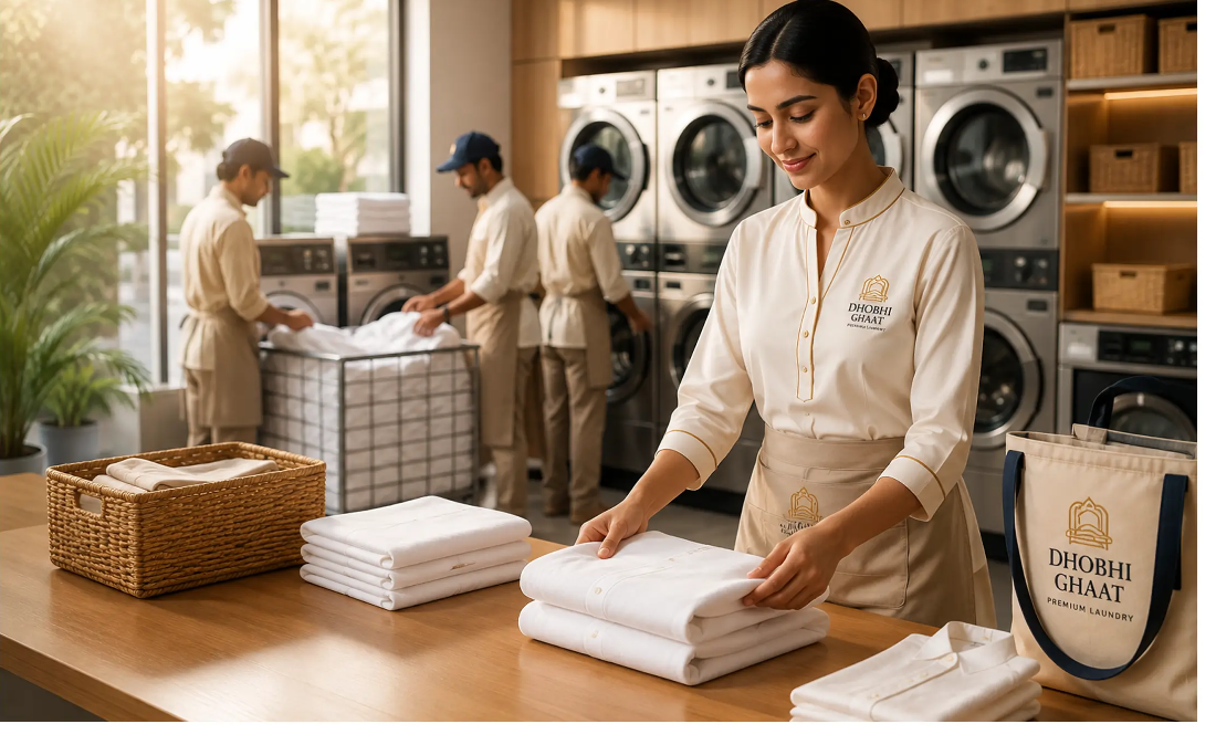 Folding fresh linen at the Dhobhi Ghaat care studio